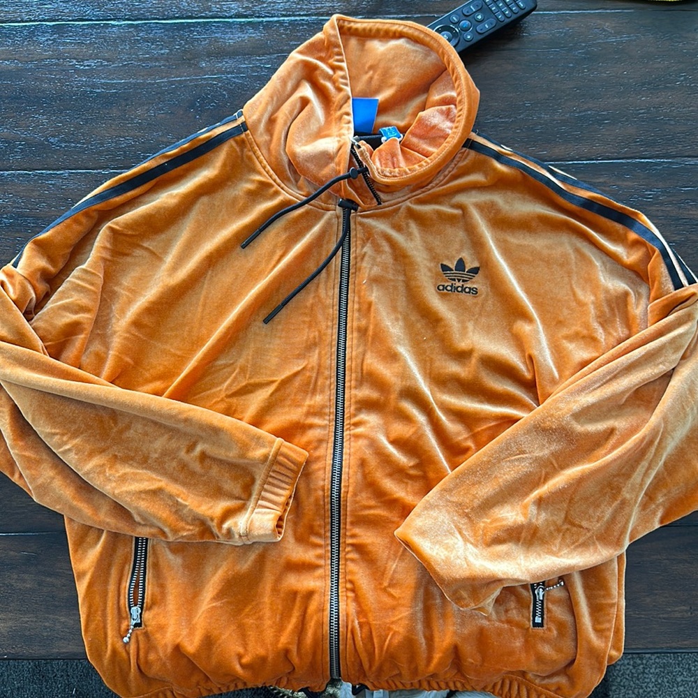 Women’s Adidas Orange Velour track jacket Medium never worn